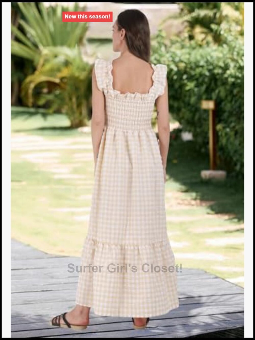 Retro Plaid Smocked Spaghetti Strap Flounce Long Dress with Pockets - Picture 5 of 7